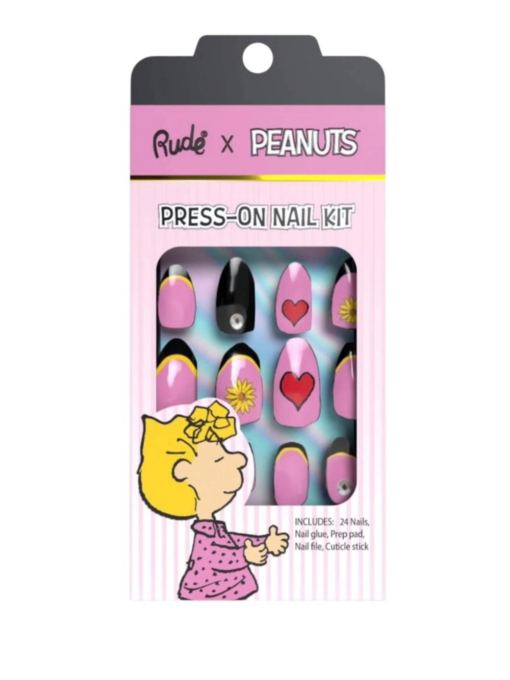 Rude x Peanuts Orchid Purple Black Heart Yellow Daisy 24 Piece Press-On Nail Set